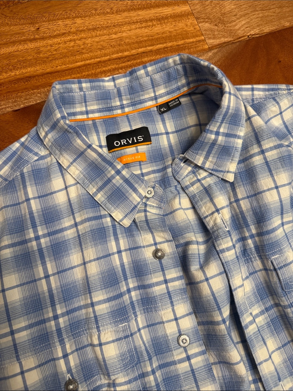 Orvis Light Blue and White Plaid Button-Down Shirt